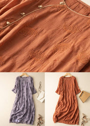 Vintage Purple O-Neck Embroideried Patchwork Linen Dress Summer
