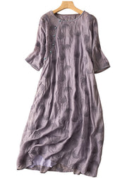 Vintage Purple O-Neck Embroideried Patchwork Linen Dress Summer