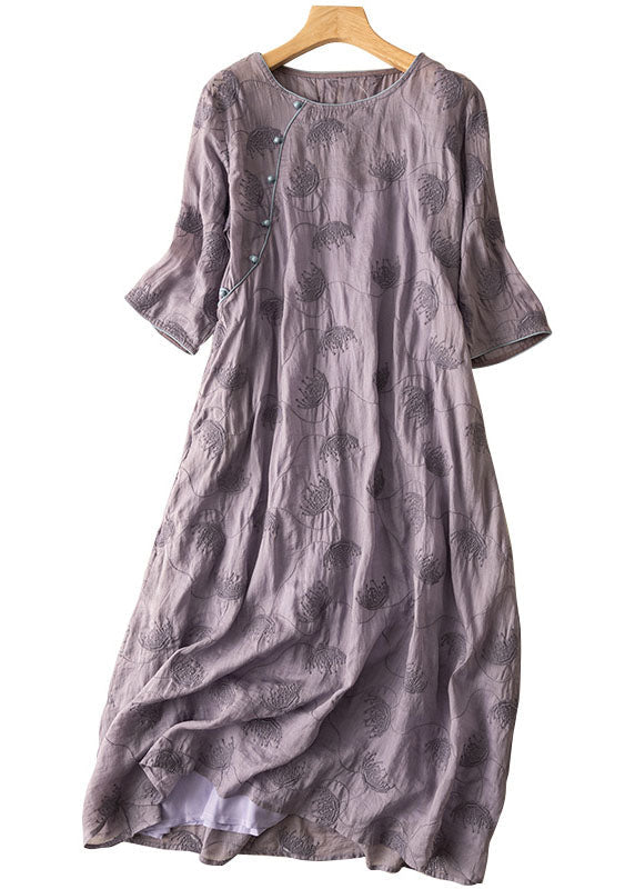 Vintage Purple O-Neck Embroideried Patchwork Linen Dress Summer