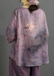 Vintage Purple O Neck Print Chinese Button Linen Blouse Tops Half Sleeve