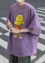 Vintage Purple O Neck Print Loose Cotton Mens T Shirt Half Sleeve