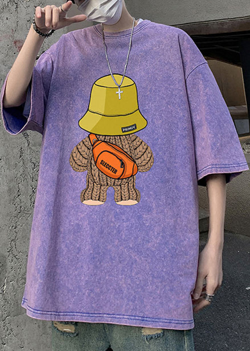 Vintage Purple O Neck Print Loose Cotton Mens T Shirt Half Sleeve