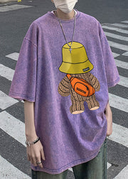 Vintage Purple O Neck Print Loose Cotton Mens T Shirt Half Sleeve