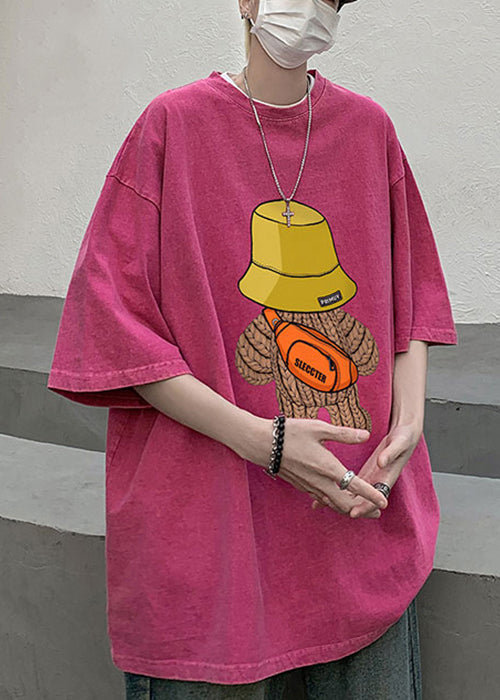 Vintage Purple O Neck Print Loose Cotton Mens T Shirt Half Sleeve