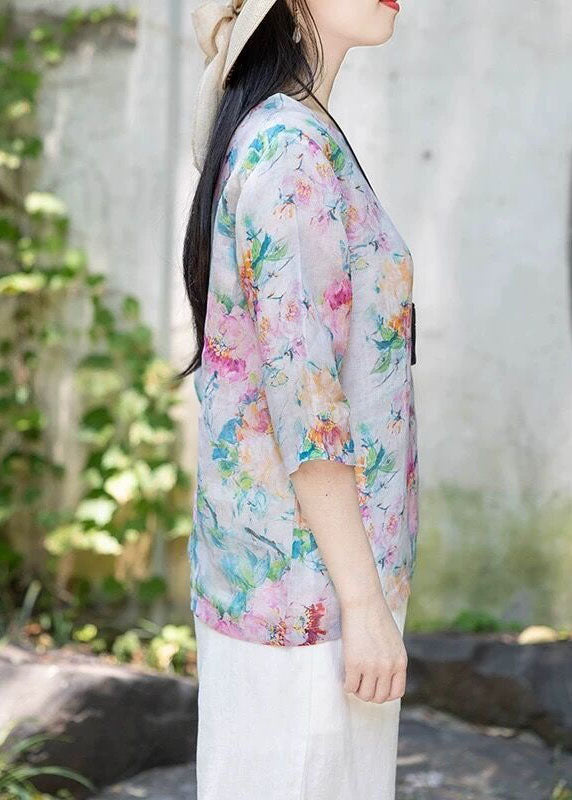 Vintage Purple O Neck Print Thin Linen T Shirt Tops Half Sleeve