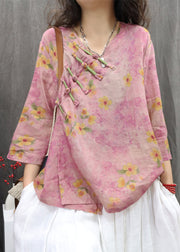 Vintage Purple V Neck Chinese Button Linen Shirt Spring