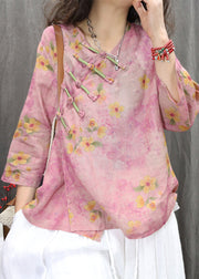 Vintage Purple V Neck Chinese Button Linen Shirt Spring
