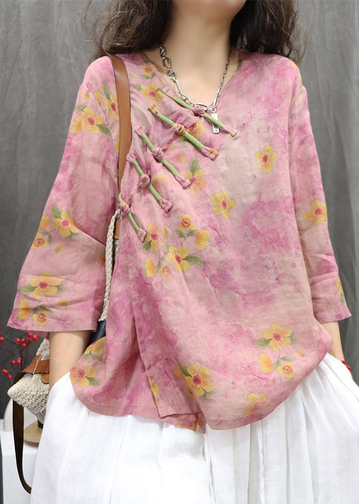 Vintage Purple V Neck Chinese Button Linen Shirt Spring