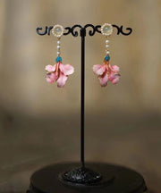 Vintage Rainbow Alloy Pearl Peony Enameling Tassel Drop Earrings