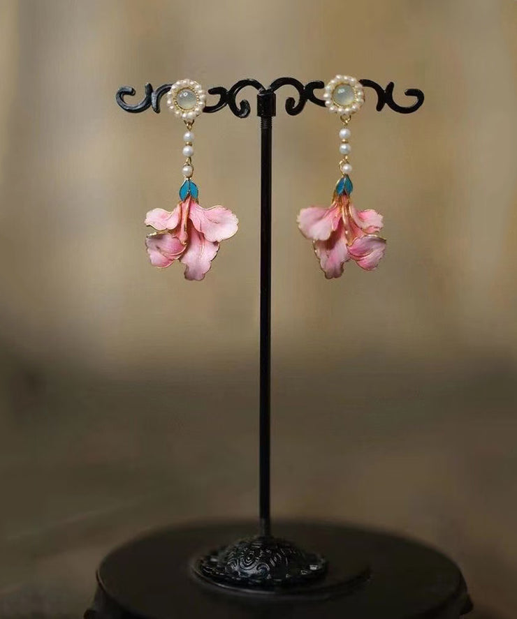Vintage Rainbow Alloy Pearl Peony Enameling Tassel Drop Earrings
