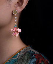 Vintage Rainbow Alloy Pearl Peony Enameling Tassel Drop Earrings
