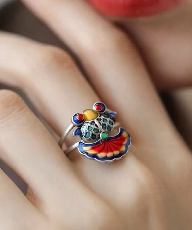 Vintage Rainbow Sterling Silver Brocaded Carp Ename Rings