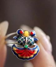 Vintage Rainbow Sterling Silver Brocaded Carp Ename Rings