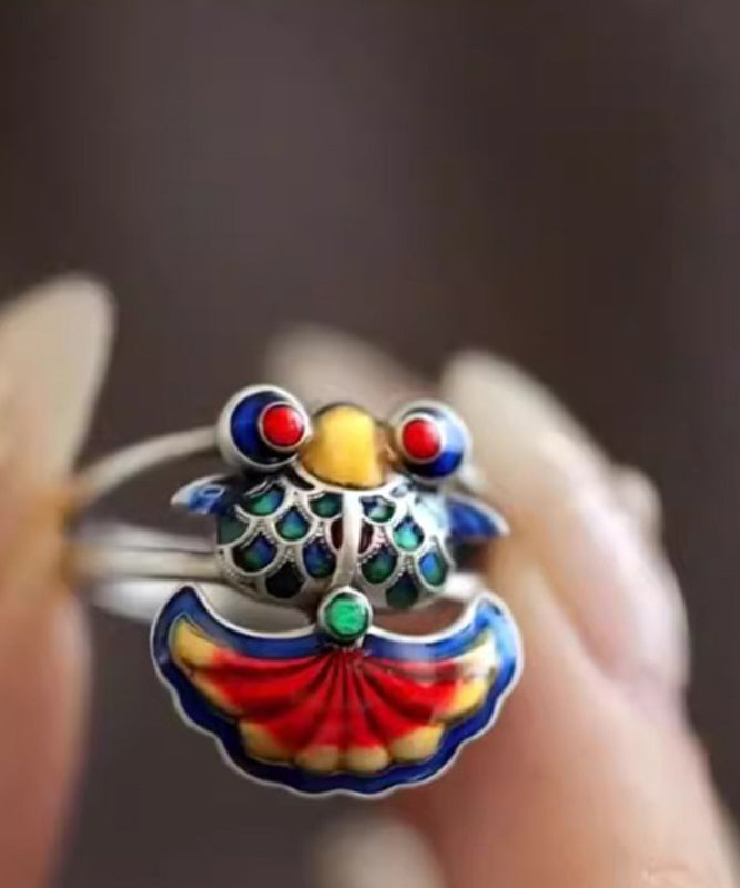 Vintage Rainbow Sterling Silver Brocaded Carp Ename Rings