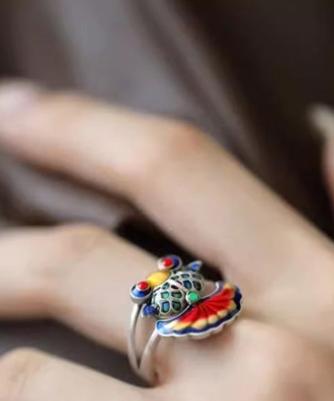 Vintage Rainbow Sterling Silver Brocaded Carp Ename Rings