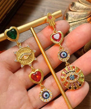 Vintage Rainbow Sterling Silver Overgild Zircon Asymmetrical Drip Glazed Enamel Drop Earrings