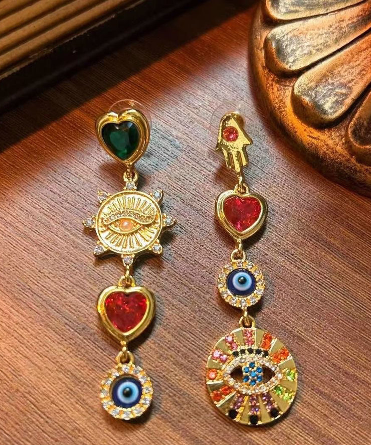 Vintage Rainbow Sterling Silver Overgild Zircon Asymmetrical Drip Glazed Enamel Drop Earrings