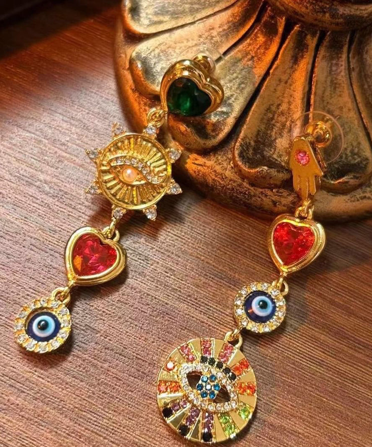 Vintage Rainbow Sterling Silver Overgild Zircon Asymmetrical Drip Glazed Enamel Drop Earrings