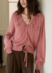 Vintage Raspberry Pink V Neck Rose Drawstring Cotton Knit Sweaters Fall