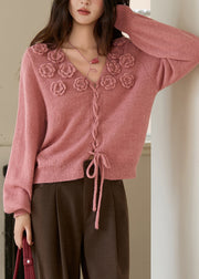 Vintage Raspberry Pink V Neck Rose Drawstring Cotton Knit Sweaters Fall