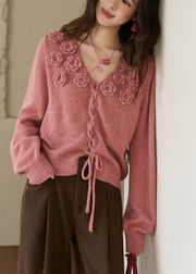 Vintage Raspberry Pink V Neck Rose Drawstring Cotton Knit Sweaters Fall