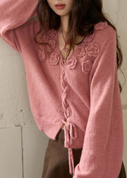 Vintage Raspberry Pink V Neck Rose Drawstring Cotton Knit Sweaters Fall