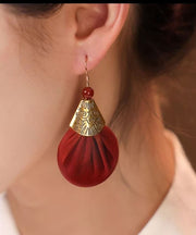 Vintage Red Ancient Gold Fabric Agate Drop Earrings
