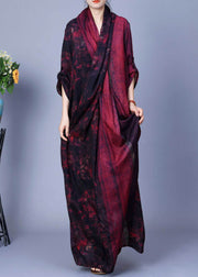 Vintage Red Asymmetrical Back Side Open Silk Cotton Dress Spring