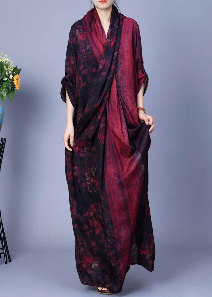 Vintage Red Asymmetrical Back Side Open Silk Cotton Dress Spring