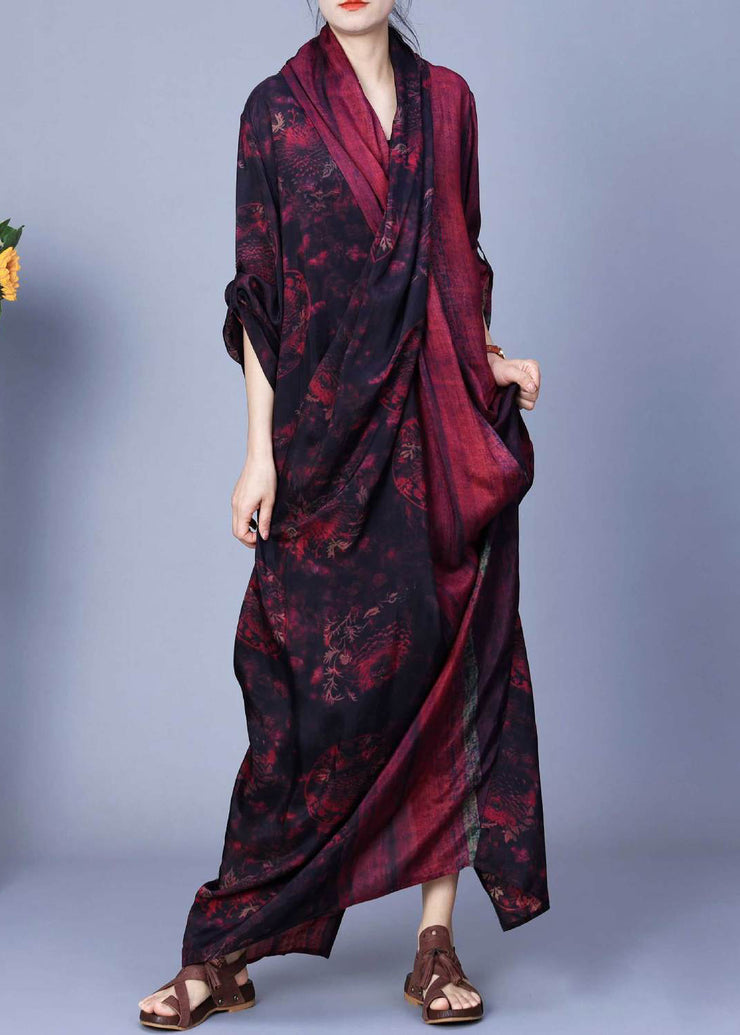 Vintage Red Asymmetrical Back Side Open Silk Cotton Dress Spring