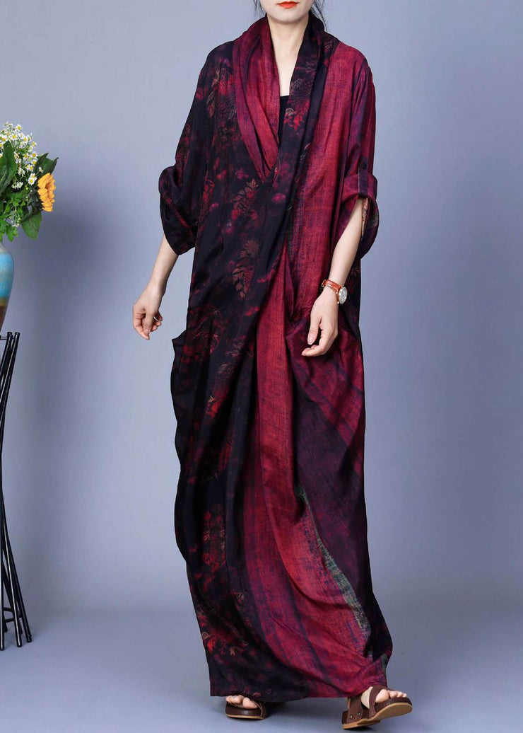 Vintage Red Asymmetrical Back Side Open Silk Cotton Dress Spring