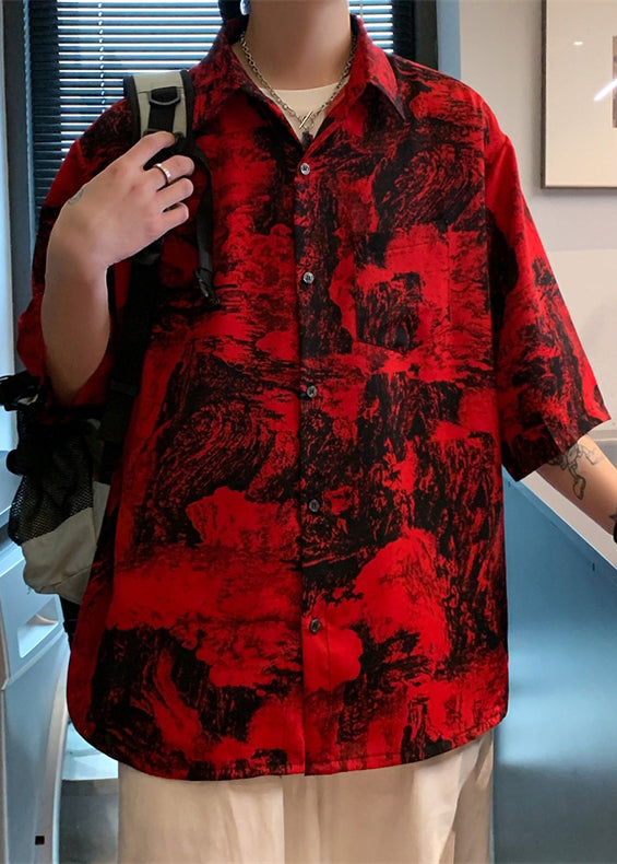 Vintage Red Button Print Pockets Cotton Men Shirts Half Sleeve
