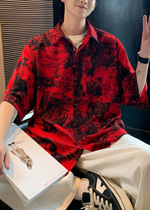 Vintage Red Button Print Pockets Cotton Men Shirts Half Sleeve