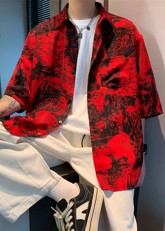Vintage Red Button Print Pockets Cotton Men Shirts Half Sleeve