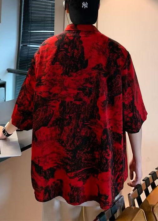 Vintage Red Button Print Pockets Cotton Men Shirts Half Sleeve