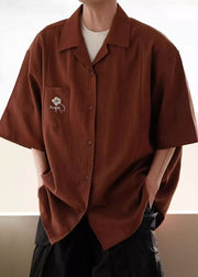 Vintage Red Button Solid Cotton Men Shirts Peter Pan Collar Summer