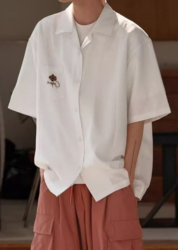 Vintage Red Button Solid Cotton Men Shirts Peter Pan Collar Summer