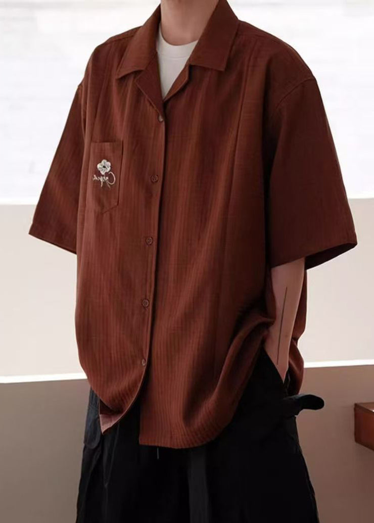 Vintage Red Button Solid Cotton Men Shirts Peter Pan Collar Summer