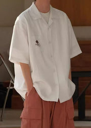 Vintage Red Button Solid Cotton Men Shirts Peter Pan Collar Summer