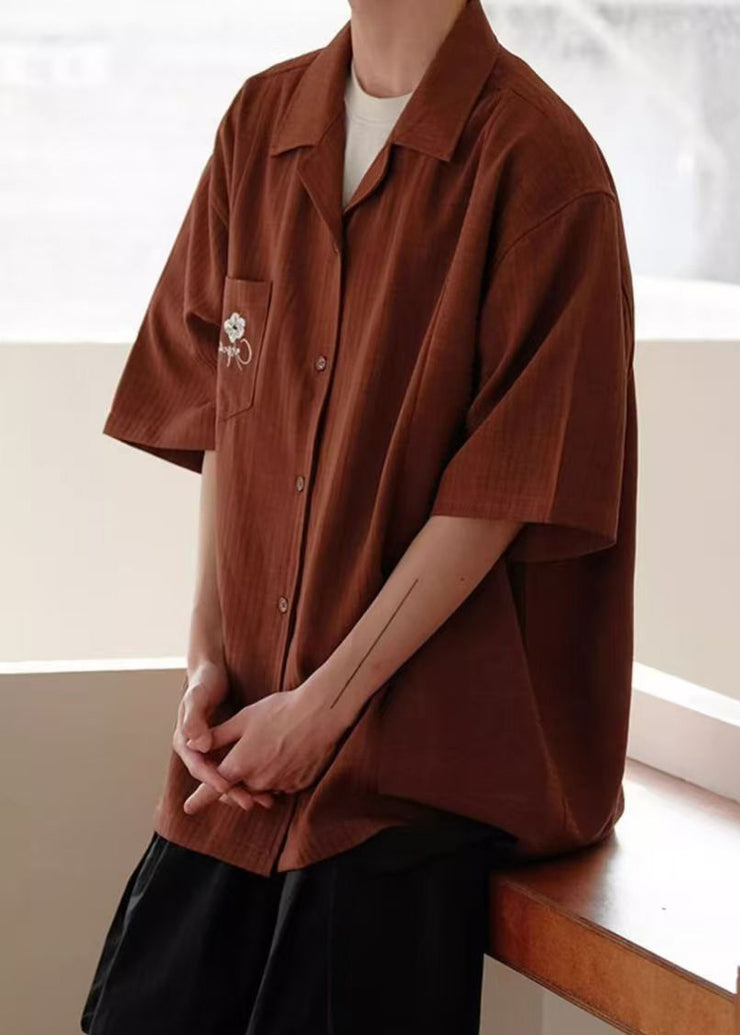 Vintage Red Button Solid Cotton Men Shirts Peter Pan Collar Summer