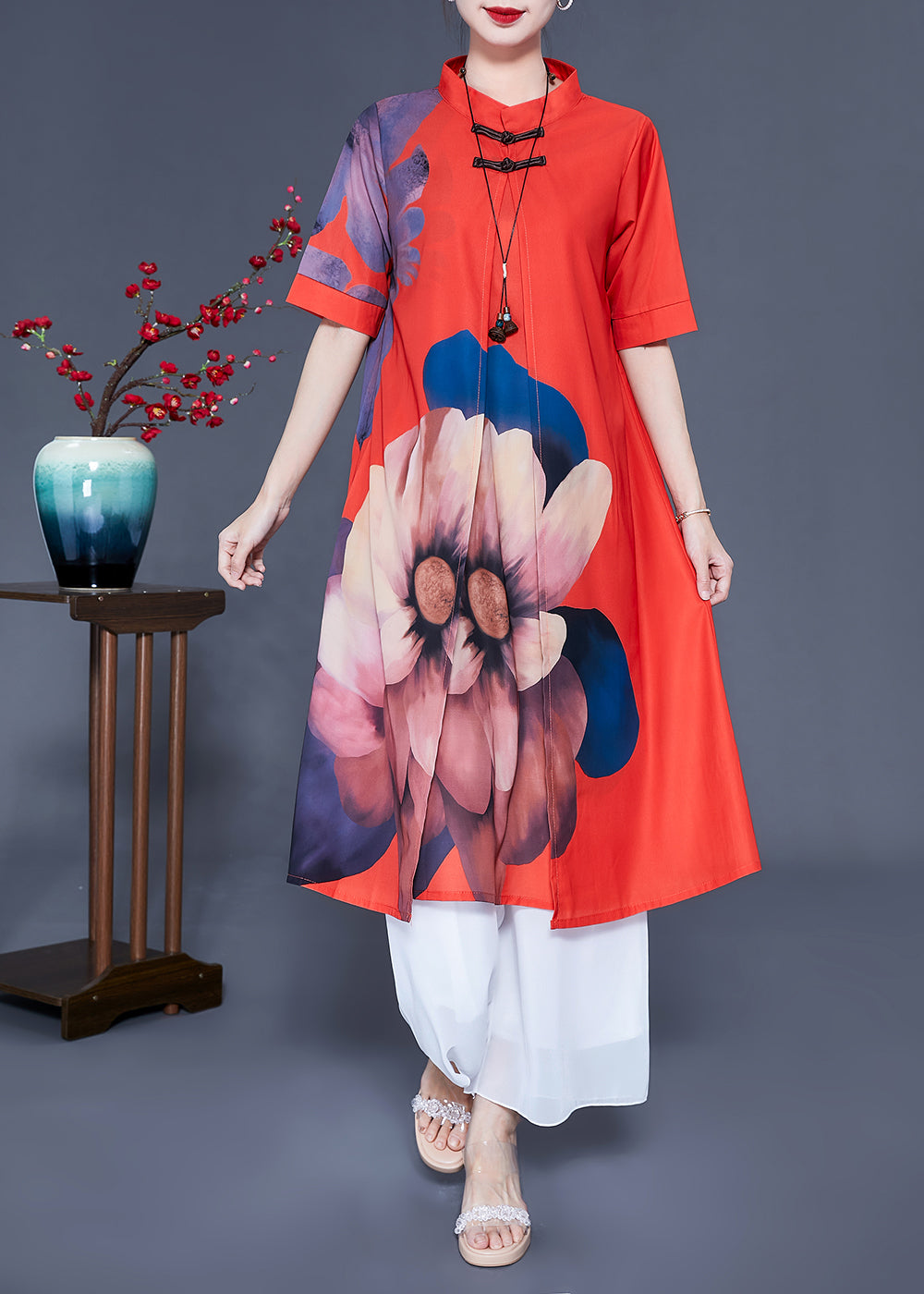Chic Dull Red Print Chinese Button Silk Shirt Summer AP1065 main image 0