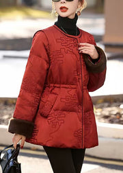 Vintage Red Cinched Print Duck Down Puffer Jacket Winter