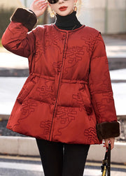 Vintage Red Cinched Print Duck Down Puffer Jacket Winter