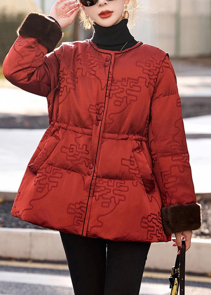 Vintage Red Cinched Print Duck Down Puffer Jacket Winter