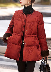 Vintage Red Cinched Print Duck Down Puffer Jacket Winter