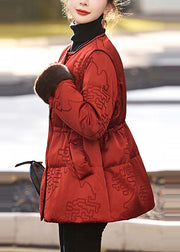 Vintage Red Cinched Print Duck Down Puffer Jacket Winter