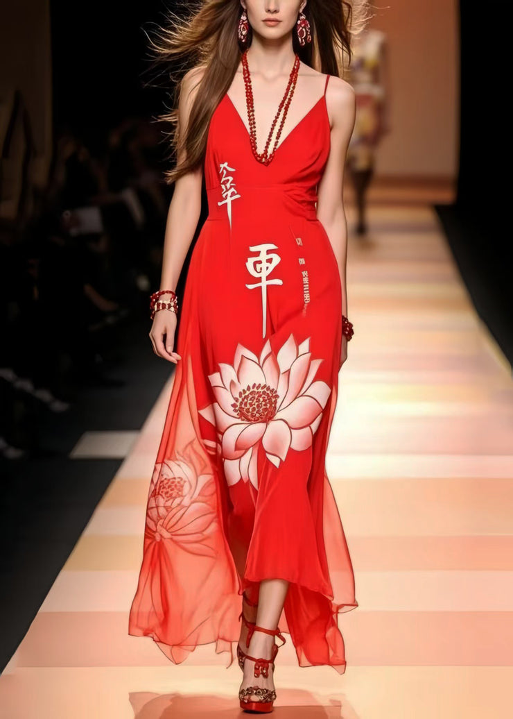Vintage Red Lotus Print Chiffon Cami Dresses Summer