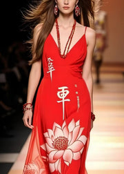 Vintage Red Lotus Print Chiffon Cami Dresses Summer