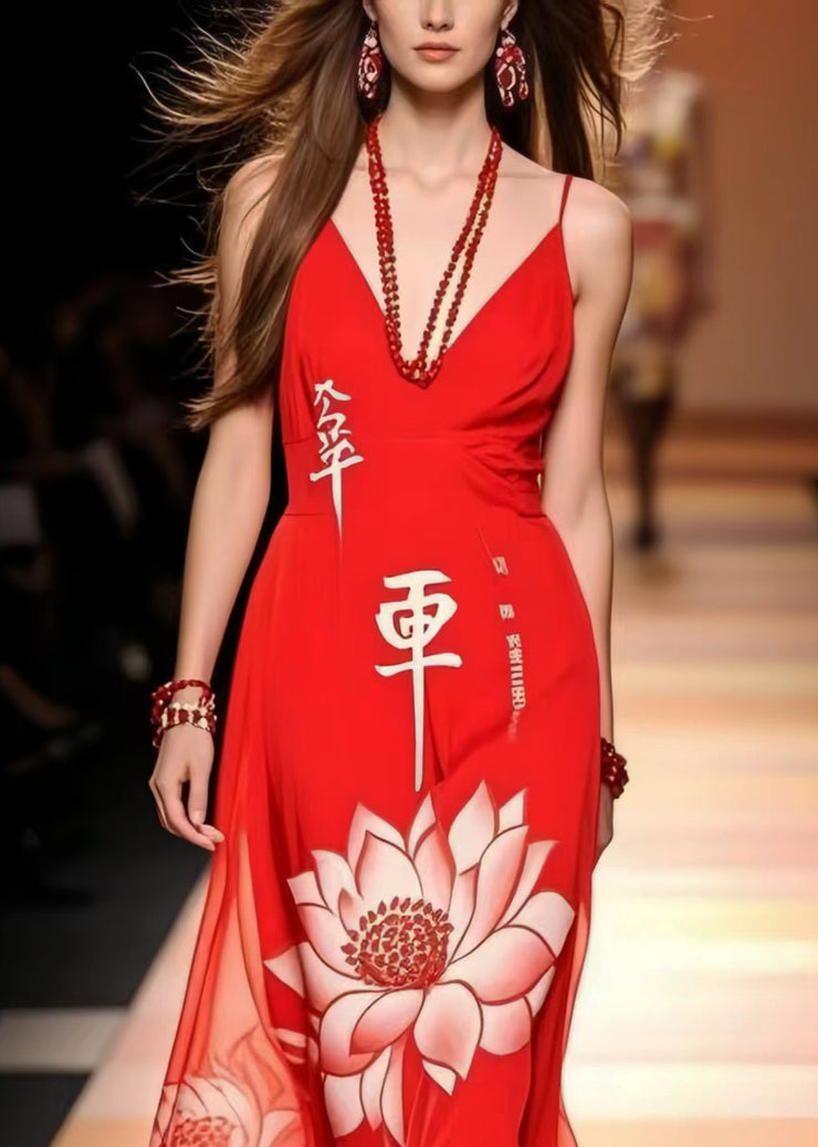 Vintage Red Lotus Print Chiffon Cami Dresses Summer