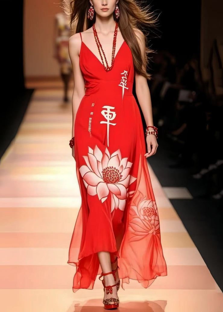 Vintage Red Lotus Print Chiffon Cami Dresses Summer